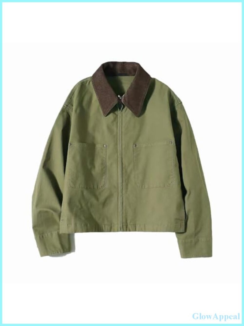 Womens Cropped Cotton Corduroy Collar Barn Jacket Zip Up Utility Workwear Coat